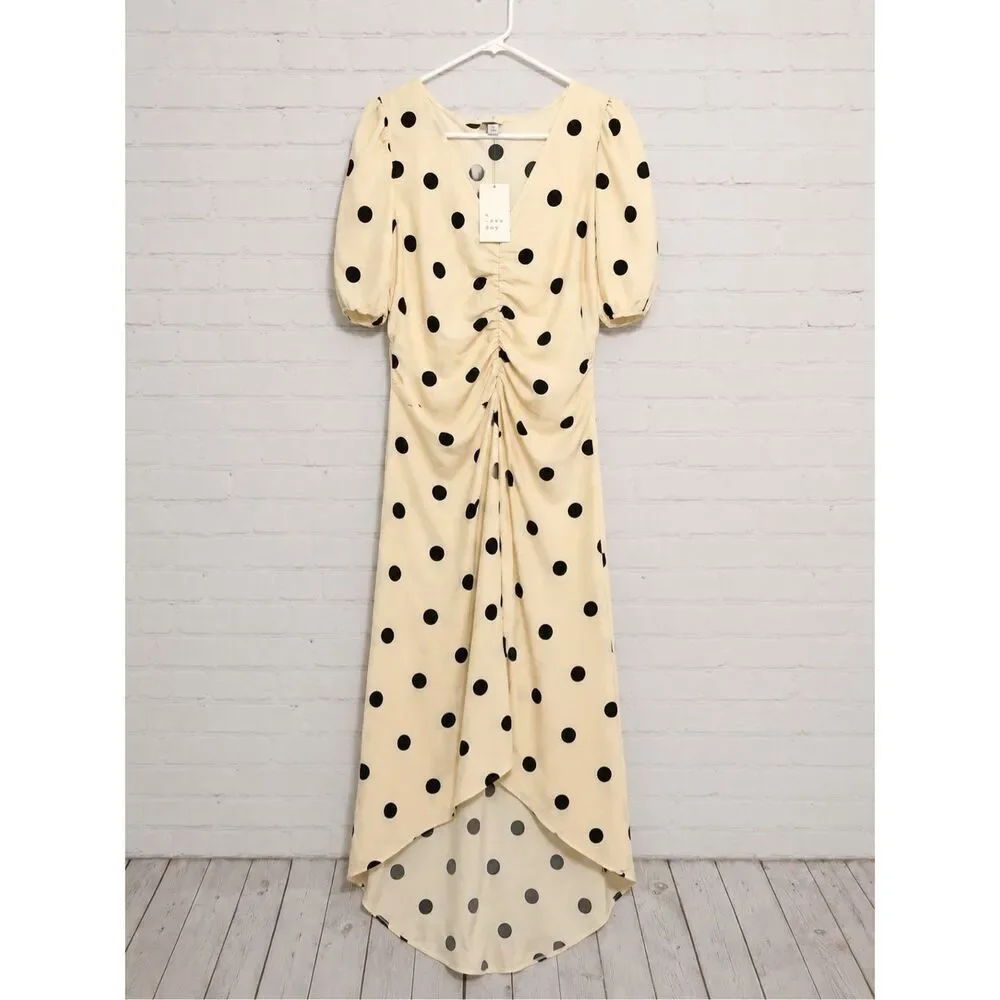 A New Day Polka Dot Maxi Dress Women’s Medium Ruched High Low Dress - Picture 2 of 3